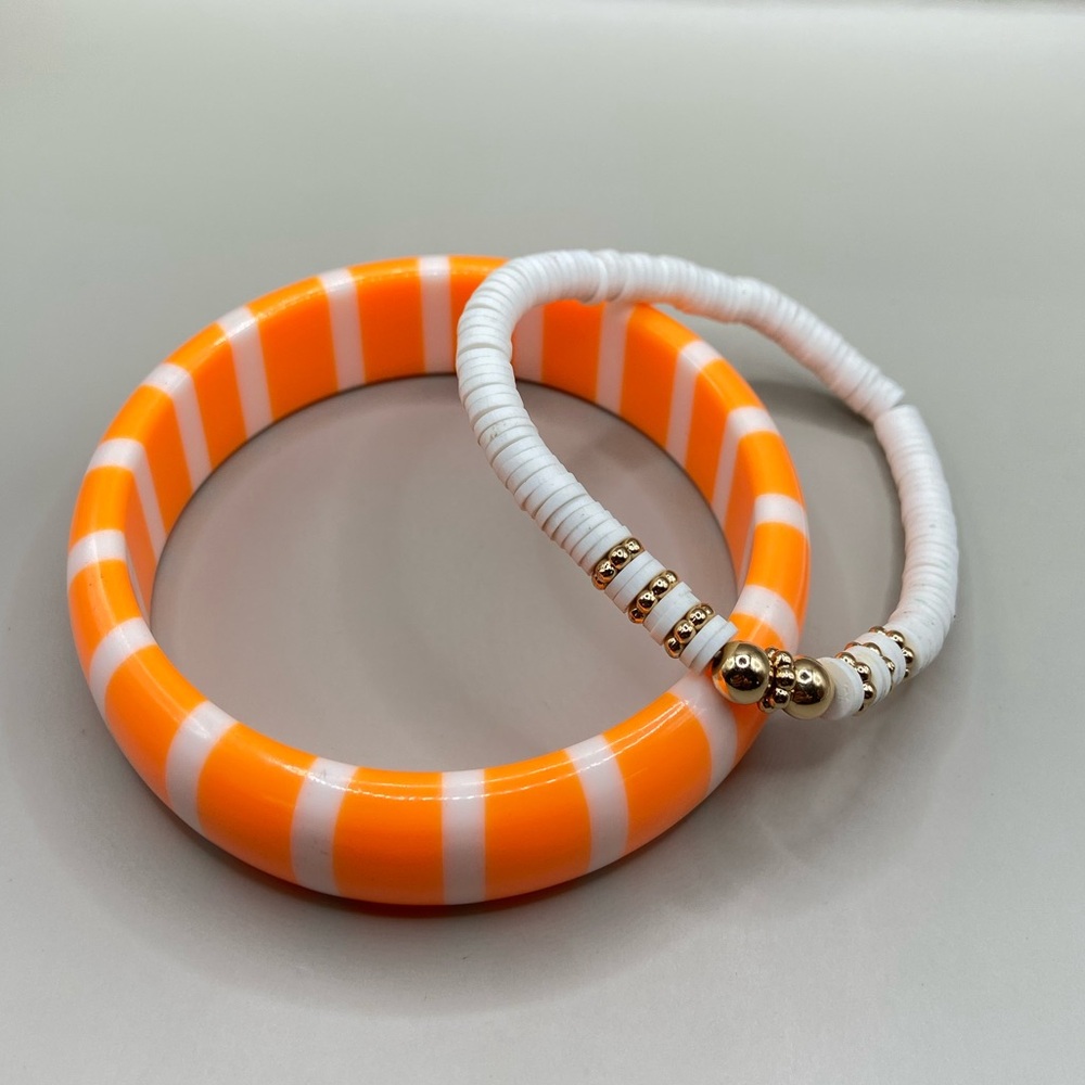 Set of 2 Bracelets Bright Orange Stripe Bangle and White Heishi Bead Bracelet